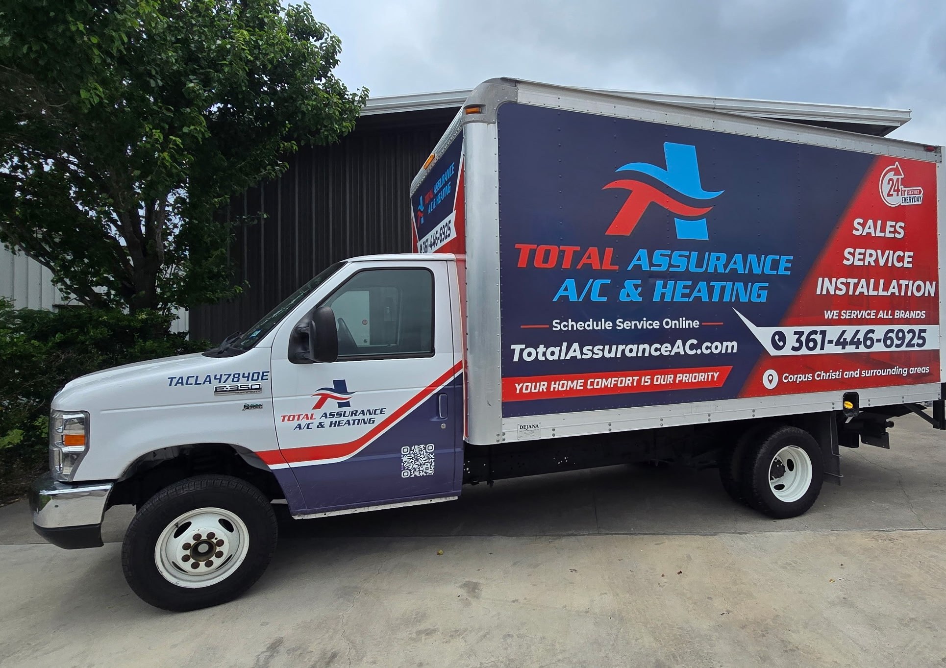 Total Assurance A/C & Heating box truck, side view, with the current company wrap